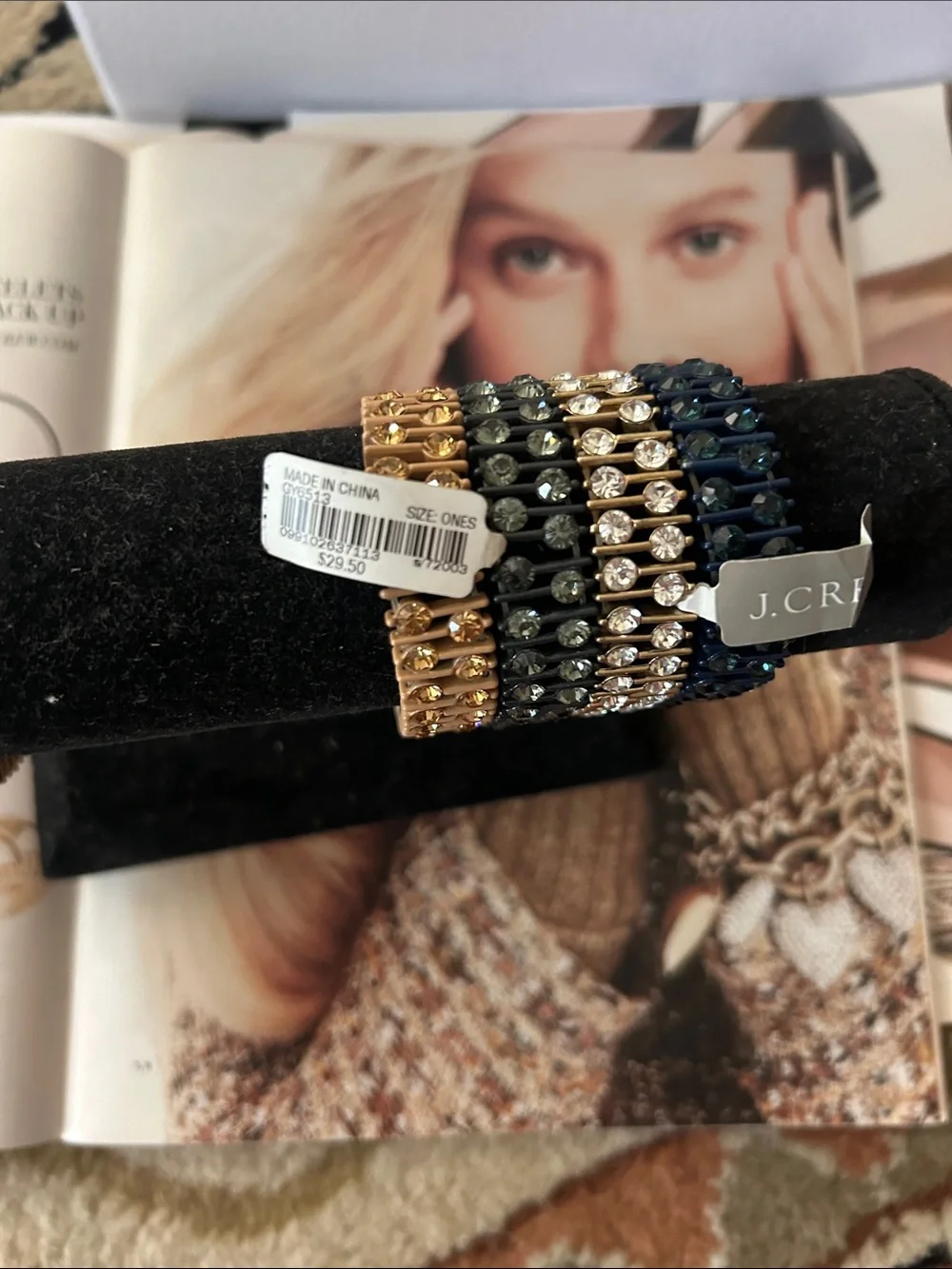 NWT J. Crew Set of 4 Rhinestone Stretch Bracelet Set Gold, Black, Navy, Crystal